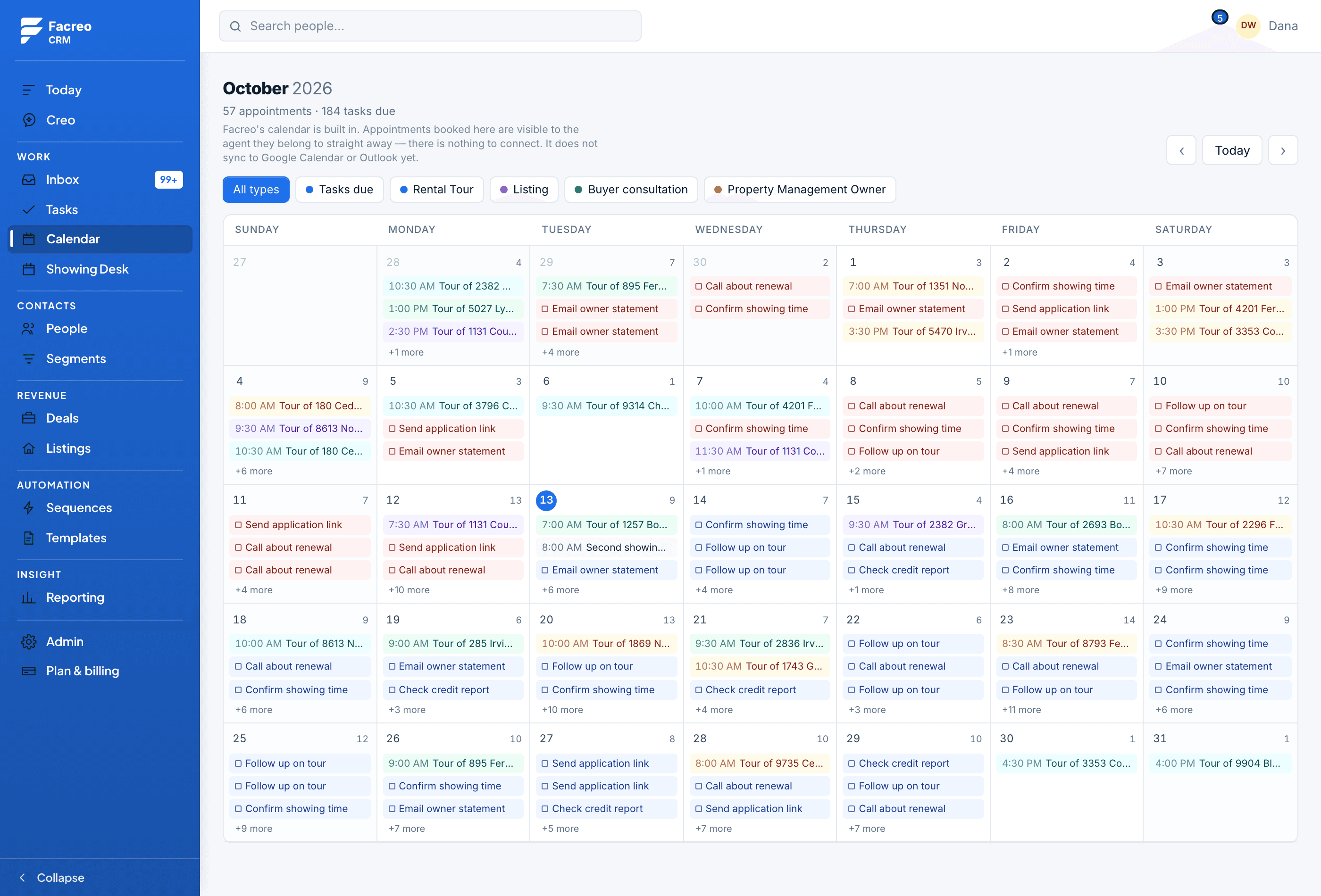 The calendar in Facreo with sample appointments