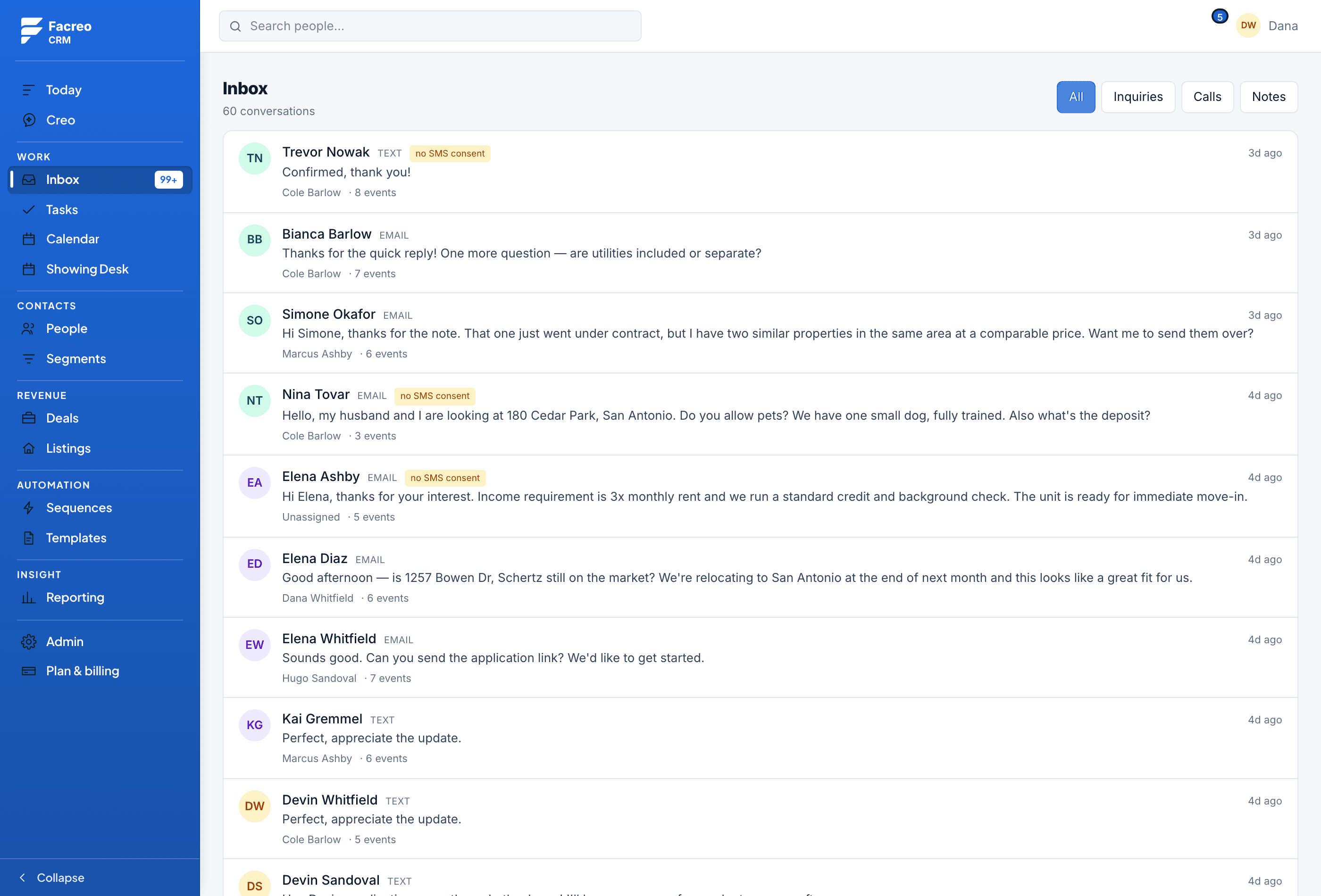 The Inbox screen in Facreo, shown with sample data for a fictional brokerage