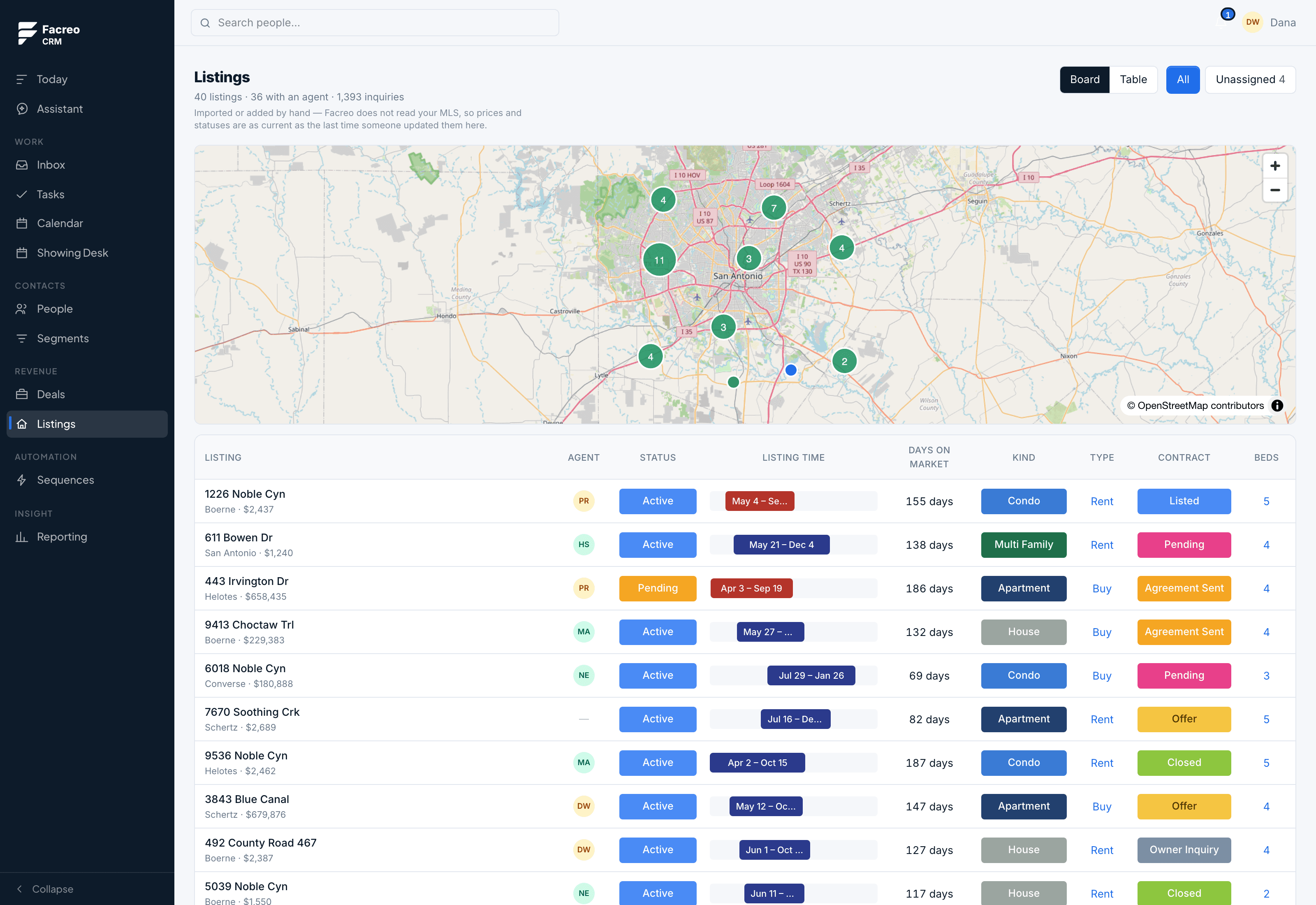 The listings screen in Facreo with sample properties
