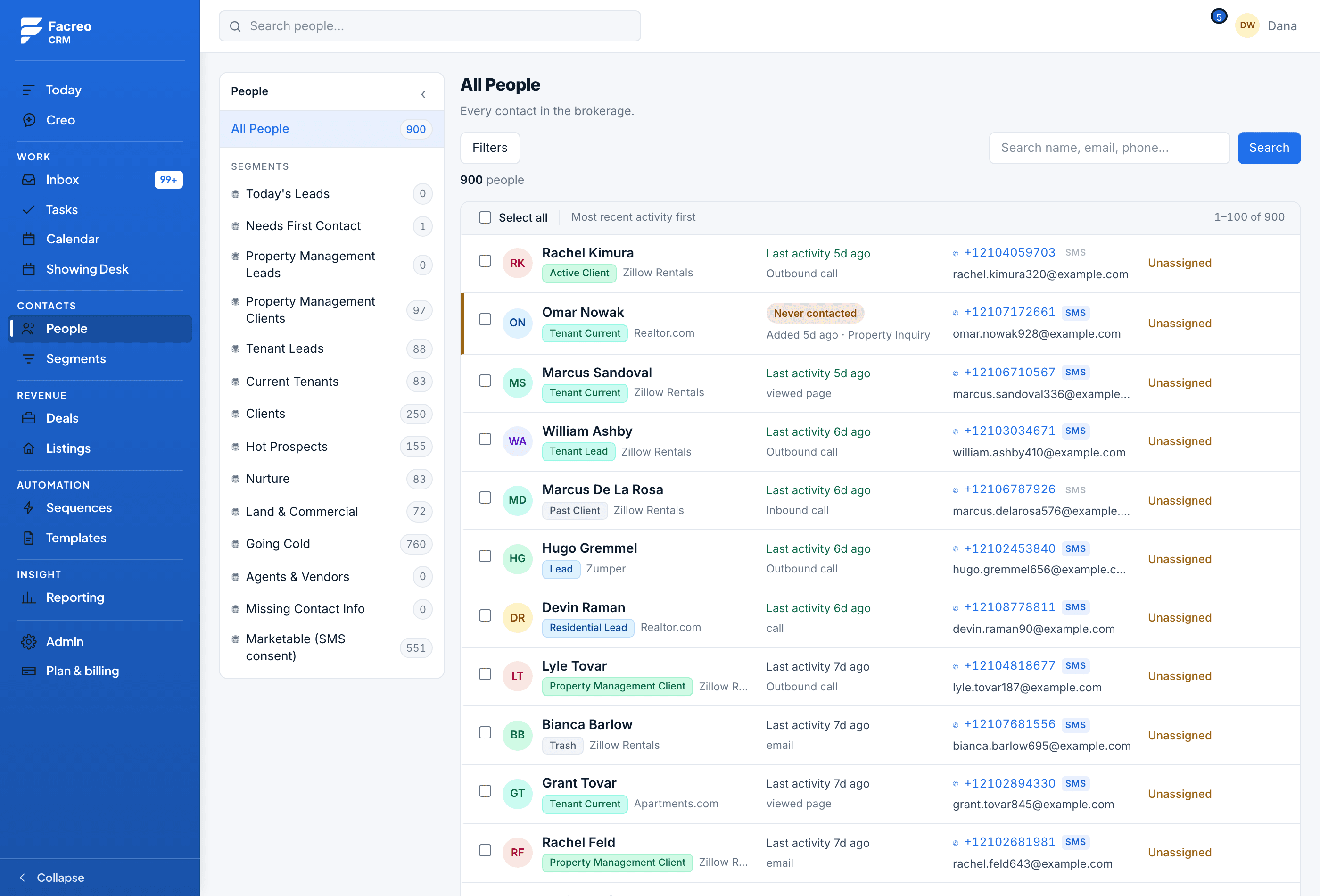 The contact list in Facreo with sample contacts