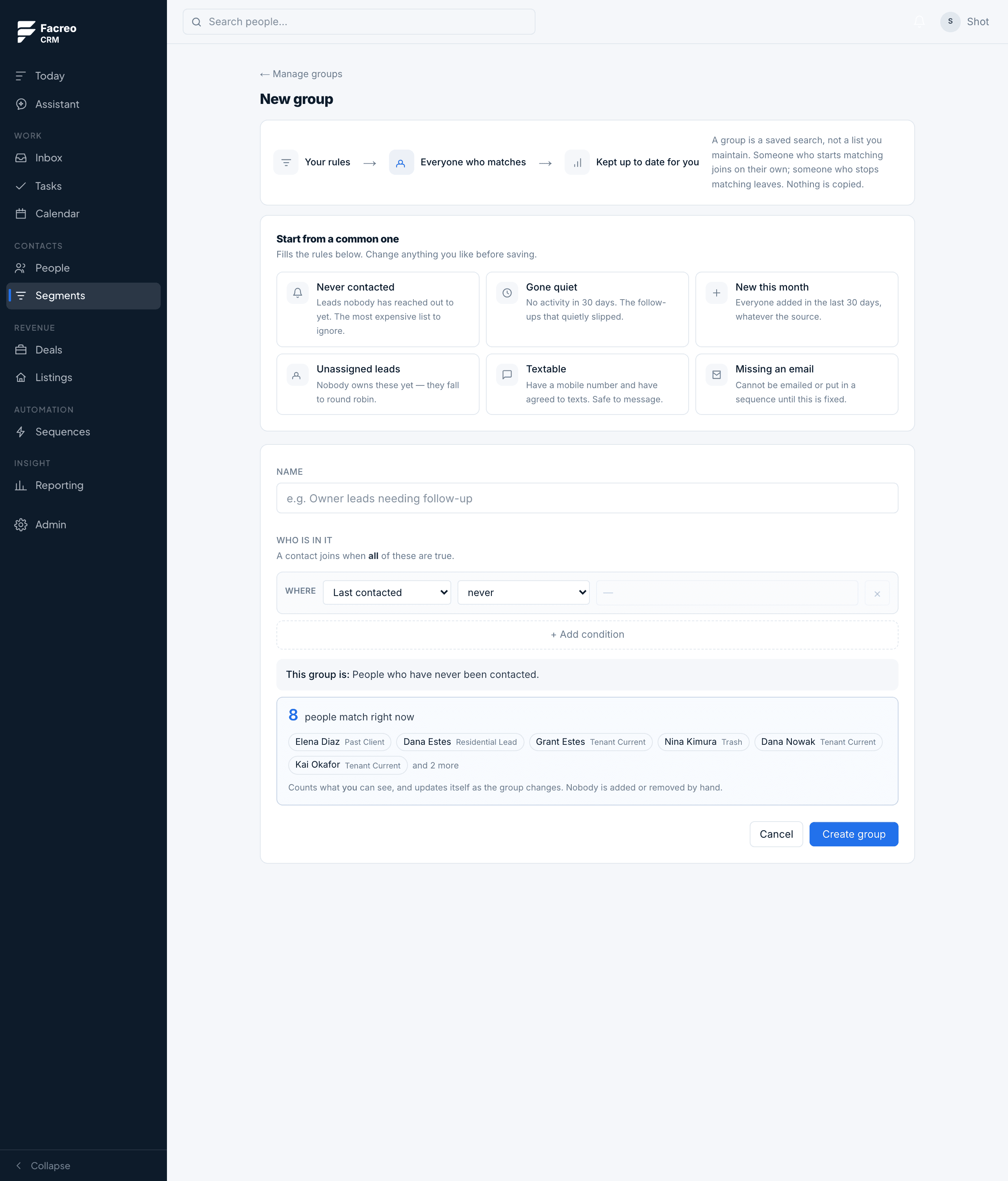 Building a contact group in Facreo, showing a live count of who matches