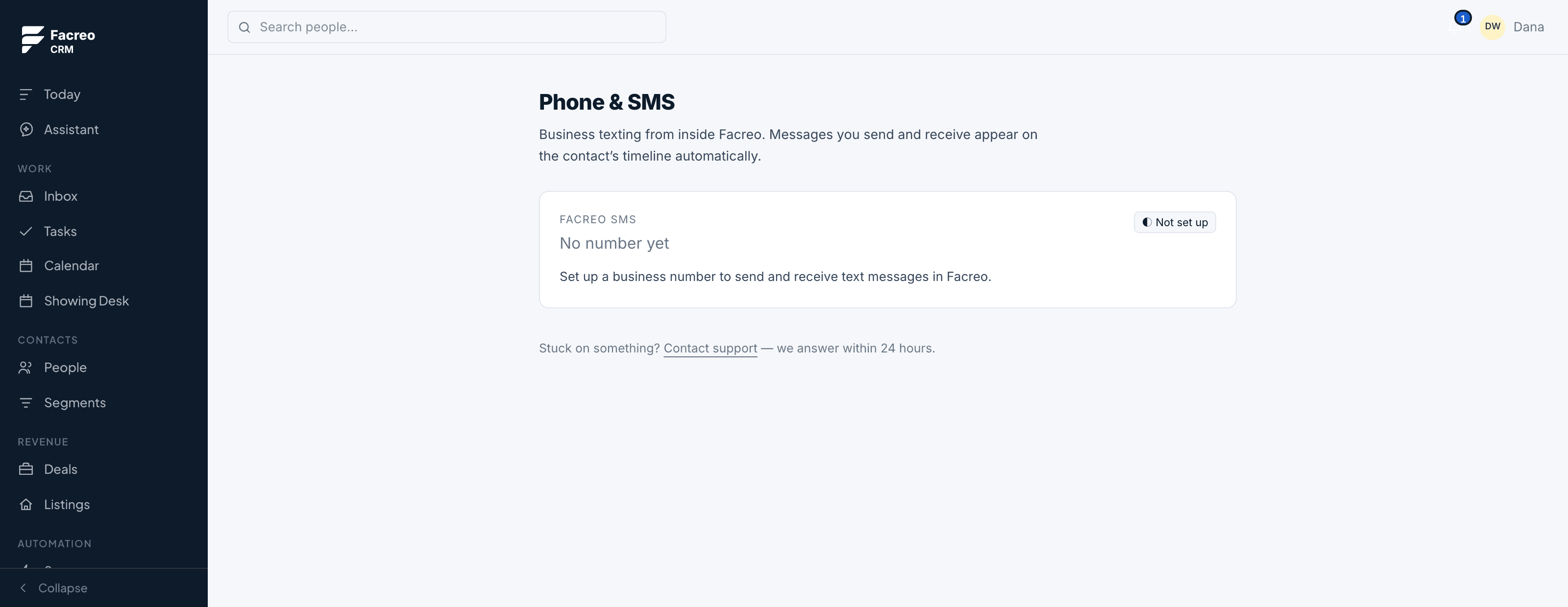 Phone and SMS settings in Facreo