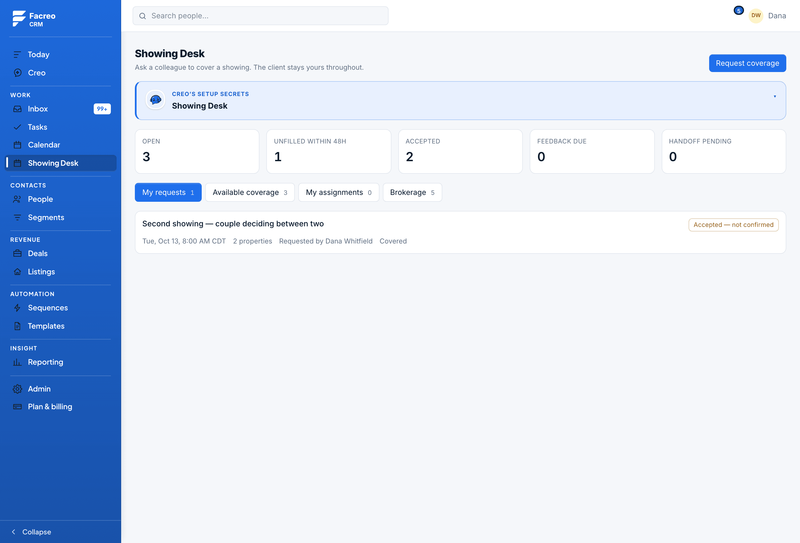 The Showing Desk in Facreo, with coverage requests across the brokerage