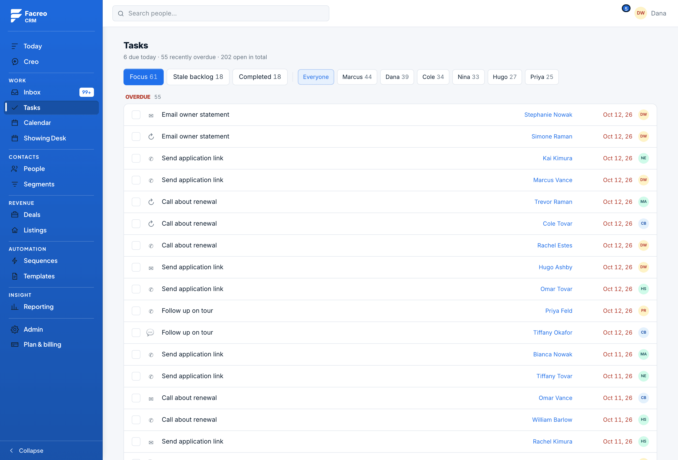 The task list in Facreo with sample tasks